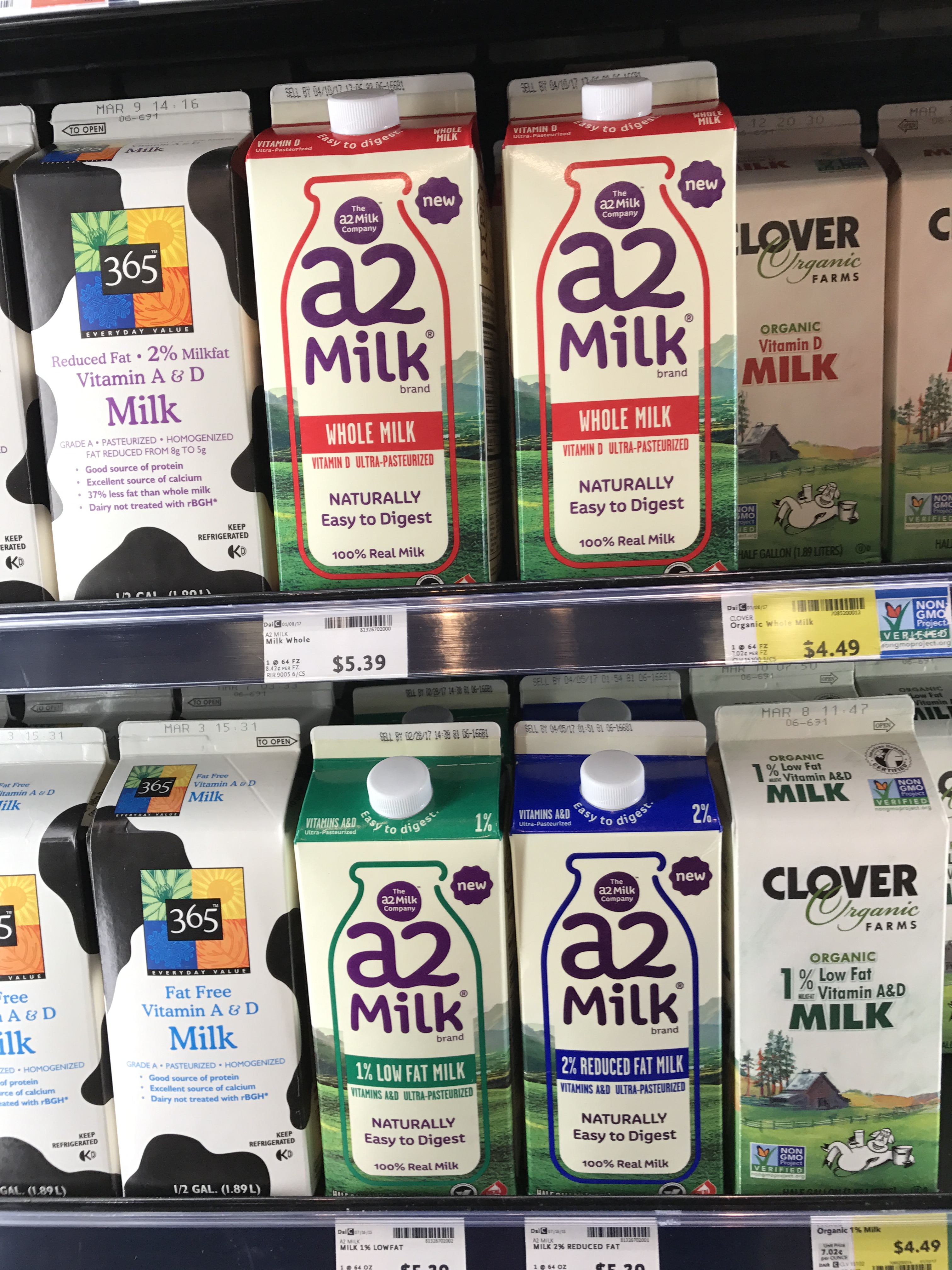 A2 milk on the shelf at a NorCal Whole Foods.